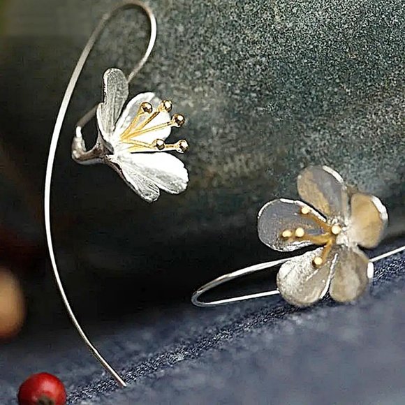 Sterling Silver Flower Drop French Hook Threader Earrings - Picture 2 of 7